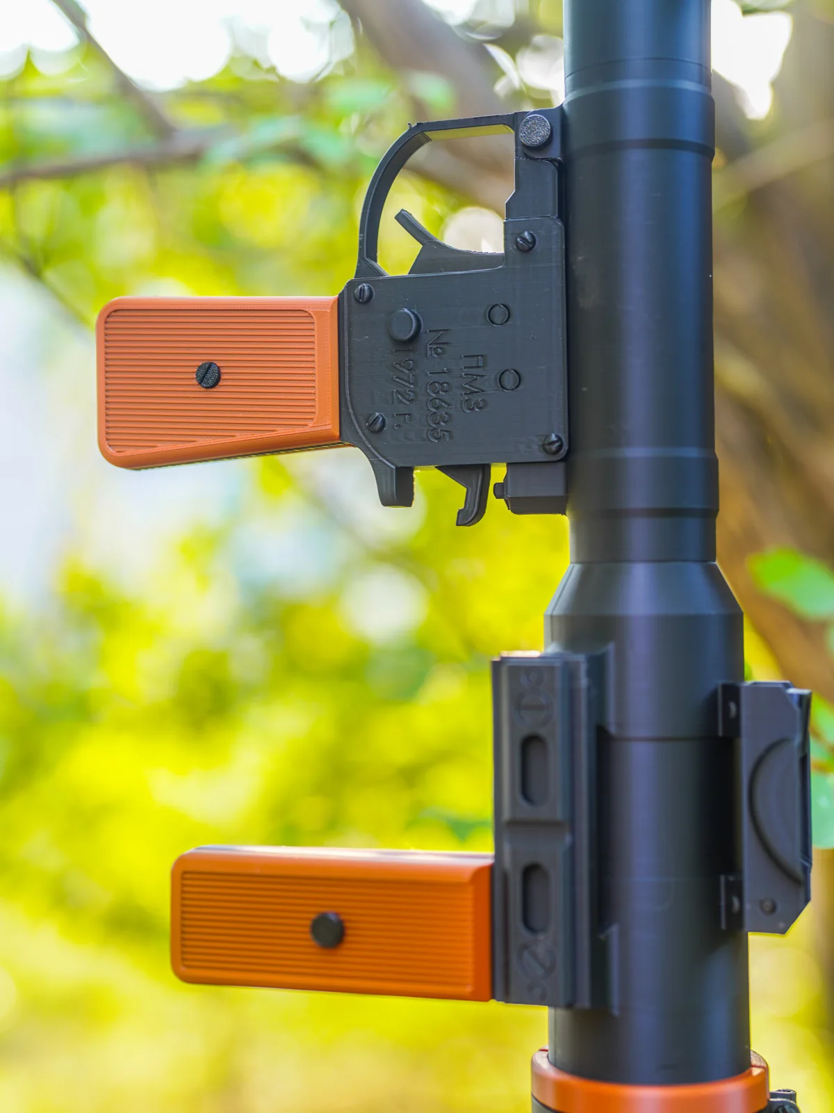 Close-up of the RPG-7 prop's printed grips, body, and sight